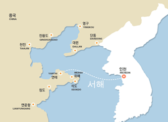 인천(대한민국)에서 연태(중국)로 이동하는 선박 항로이미지입니다.