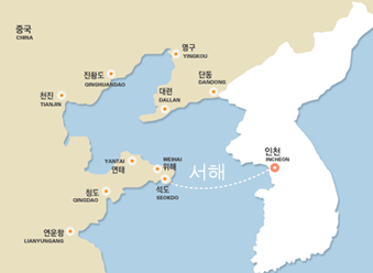 인천(대한민국)에서 석도(중국)로 이동하는 선박 항로이미지입니다.